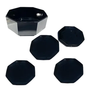 Mid Century Black Faceted Geometric Glass Octagonal Table Plate and Bowl Set France Set of 5