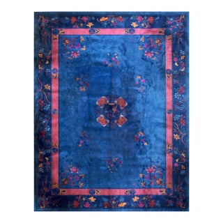 1920s Blue Floral Antique Chinese Rug 9' 0" X 11' 8" Handknotted Wool Carpet For Sale