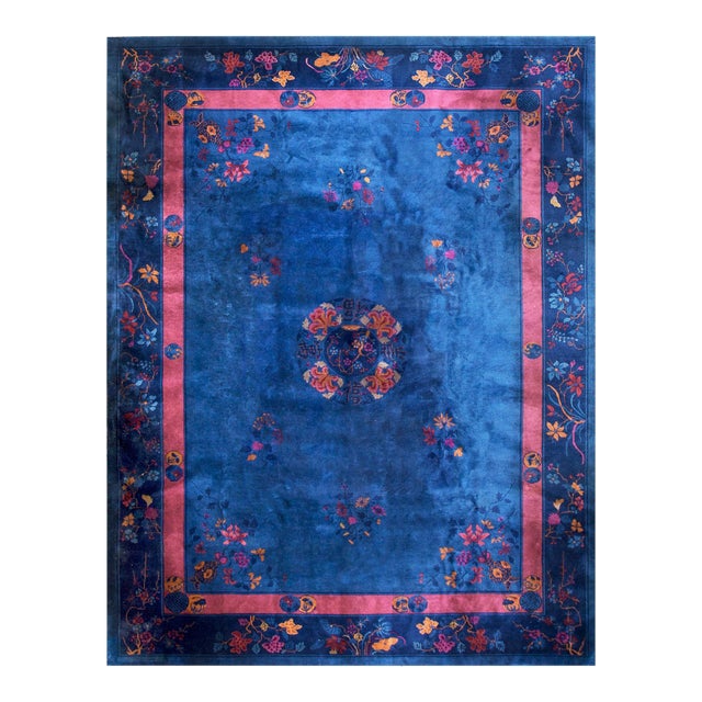1920s Blue Floral Antique Chinese Rug 9' 0" X 11' 8" Handknotted Wool Carpet For Sale