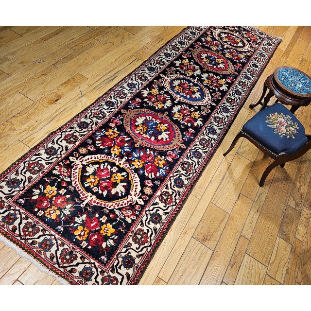 Black Vintage Persian Bakhtiari Wide Runner, Handwoven Wool, Floral Bouquet Design, Navy & Red, 4x13 For Sale - Image 8 of 17