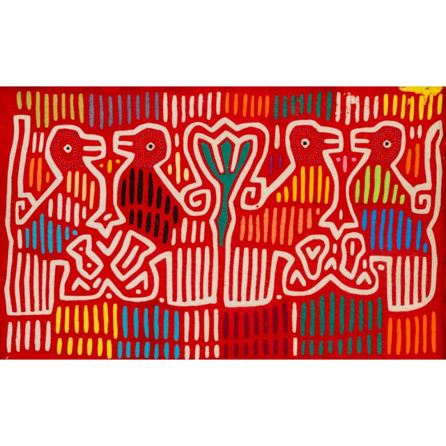 Panamanian Guna Animal Mola Textile, with four animals on red ground, wood frame. Image: 15.25" H x 23.5" W; frame: 27.75"...