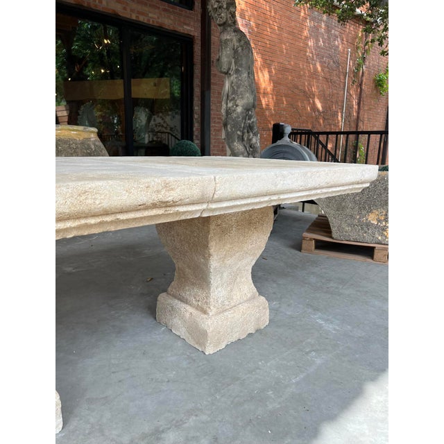 French Country Authentic Hand Carved 3-Pedestal Limestone Garden Table From Provence, France For Sale - Image 3 of 18
