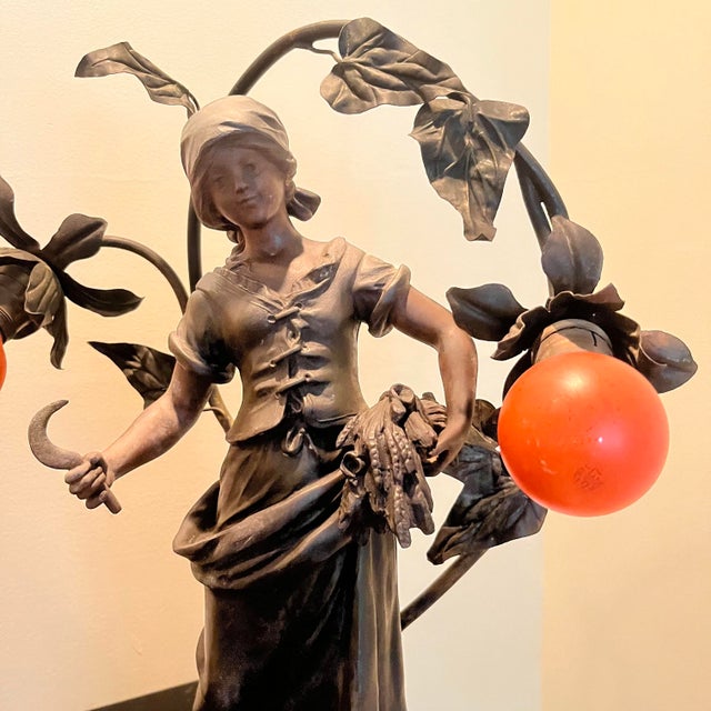 Louis Moreau 1899 French Art Nouveau Cast Spelter Figural Lamp Louis Auguste Moreau For Sale - Image 4 of 12