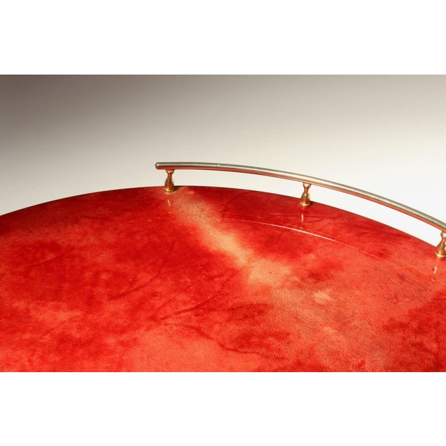 Large Italian Modernist Round Tray in Brass and Dyed Red Goatskin by Aldo Tura For Sale - Image 10 of 18