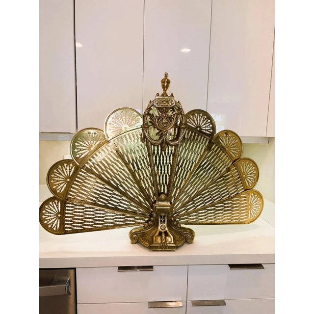 Vintage French Laurel Swag & Cameo Brass Peacock Fan Folding Fireplace Screen For Sale - Image 16 of 17