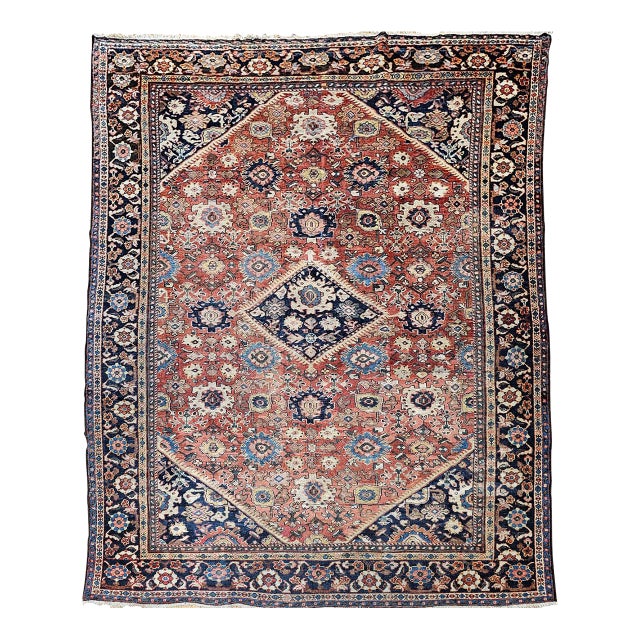 Antique Persian Mahal Sultanabad Rug, Hand-Knotted Wool, Geometric Pattern, Rust-Red & Navy, 10x12 For Sale