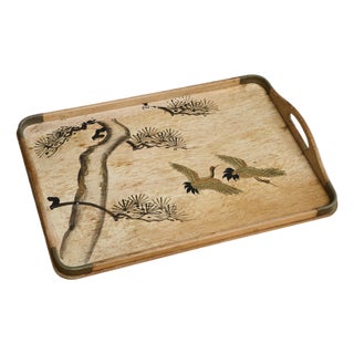 Art Deco Tray with Birds and Foliage Theme in Wood and Brass, 1940s For Sale