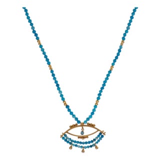 Turquoise Beaded Chain Evil Eye Topaz Gold Necklace For Sale