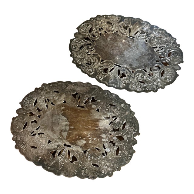 Pair of 1970s Silverplate Lace Oval Trivets For Sale