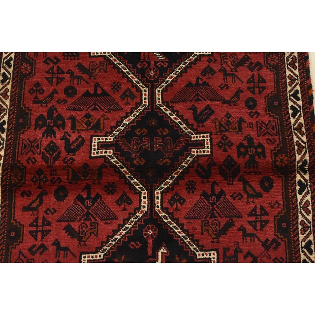 1990s Shiraz Rug 3’11” X 5’2” Red Wool Vintage Tribal Hand-Knotted Oriental Carpet For Sale - Image 5 of 13