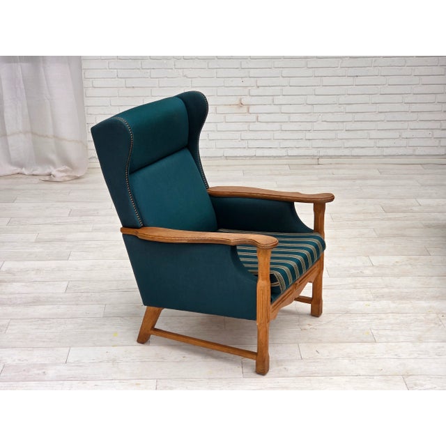 Danish Highback Armchair in Turkis-Green Wool and Oak Wood, 1970s For Sale - Image 4 of 18