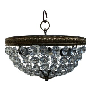 Vintage 1940s Brass and Crystal Basket Chandelier For Sale