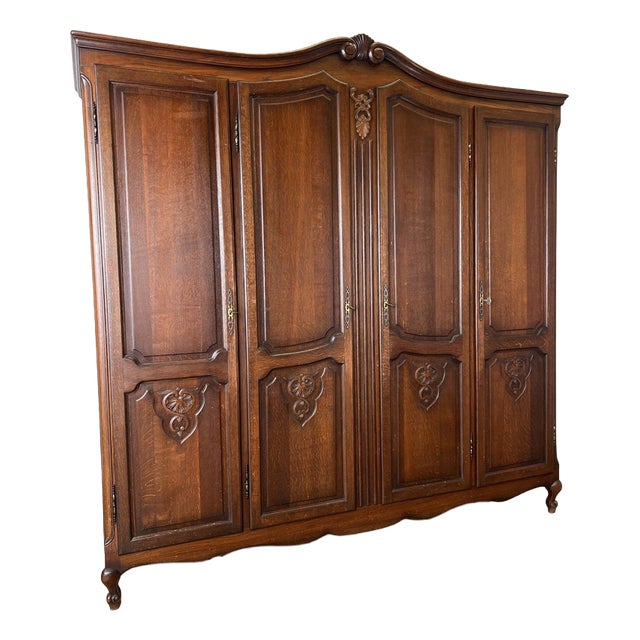 Vintage French Louis XVI Style Carved Oak 4-Door Wardrobe For Sale