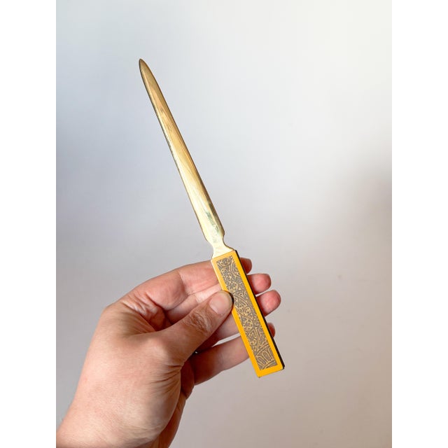 Mid-Century Modern Vintage Brass and Yellow Embossed Letter Opener For Sale - Image 3 of 9