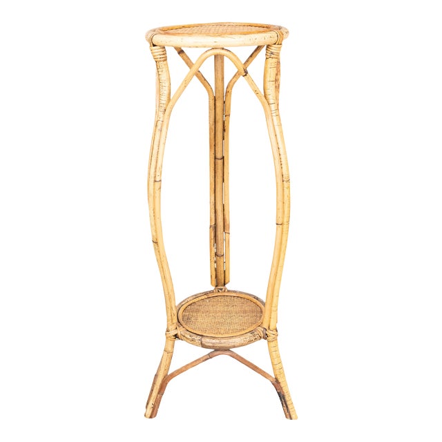Vintage Italian Bamboo & Rattan 2 Tier Pedestal Display Plant Stand For Sale