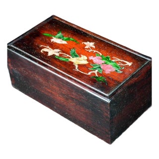 1980s Rosewood & Mother-of-Pearl Inlay Jewelry Box – Floral & Bird Motif For Sale