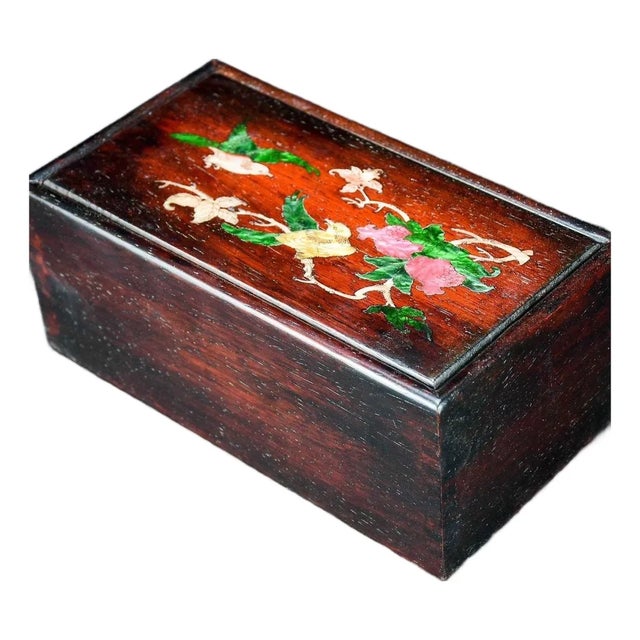 1980s Rosewood & Mother-of-Pearl Inlay Jewelry Box – Floral & Bird Motif For Sale