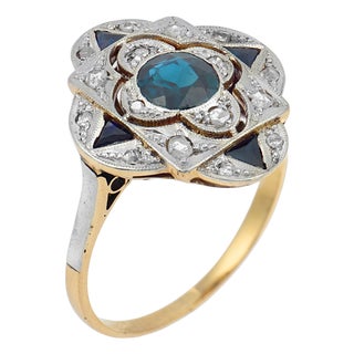 Edwardian Style Sapphire Diamond 18k Yellow Gold Ring, Size 6.5 For Sale
