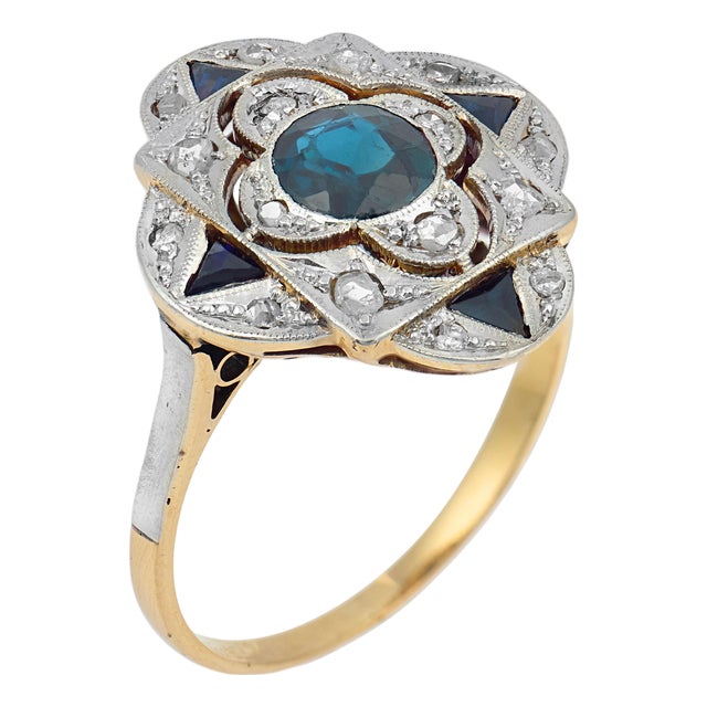 Edwardian Style Sapphire Diamond 18k Yellow Gold Ring, Size 6.5 For Sale