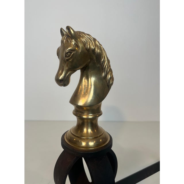 Bronze Important pair of bronze and wrought iron andirons representing horse heads For Sale - Image 8 of 12