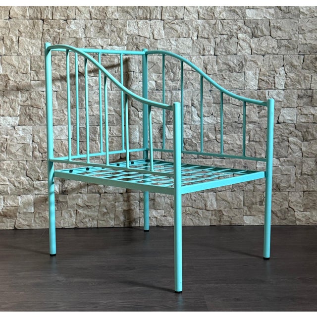 Wrought Iron Turquoise Lounge Chair for Outdoor with Grid Seat For Sale - Image 4 of 18