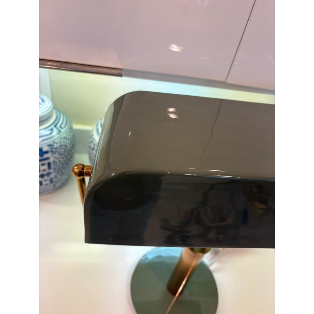 Metal Contemporary Army Green Lacquer Brass Modern Banker Desk Lamp For Sale - Image 7 of 16