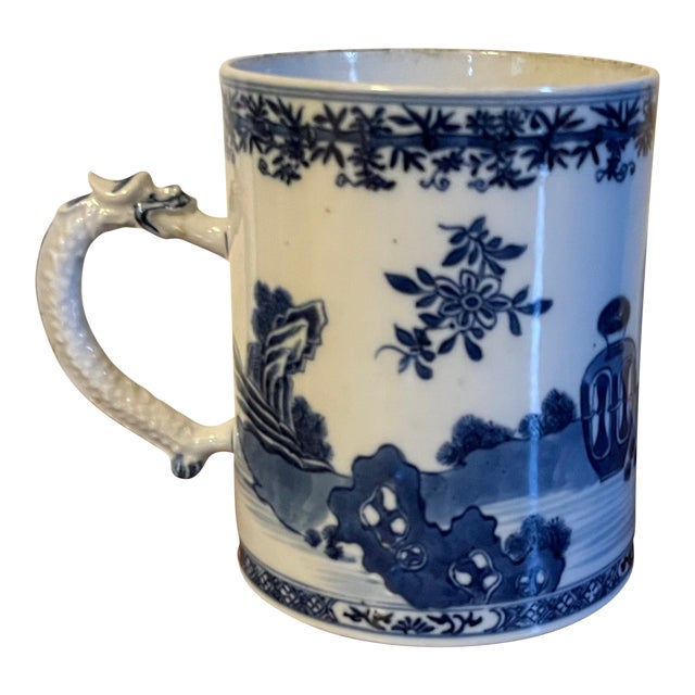 Large Antique 18th Century Chinese Export Blue & White Porcelain Tankard Mug For Sale