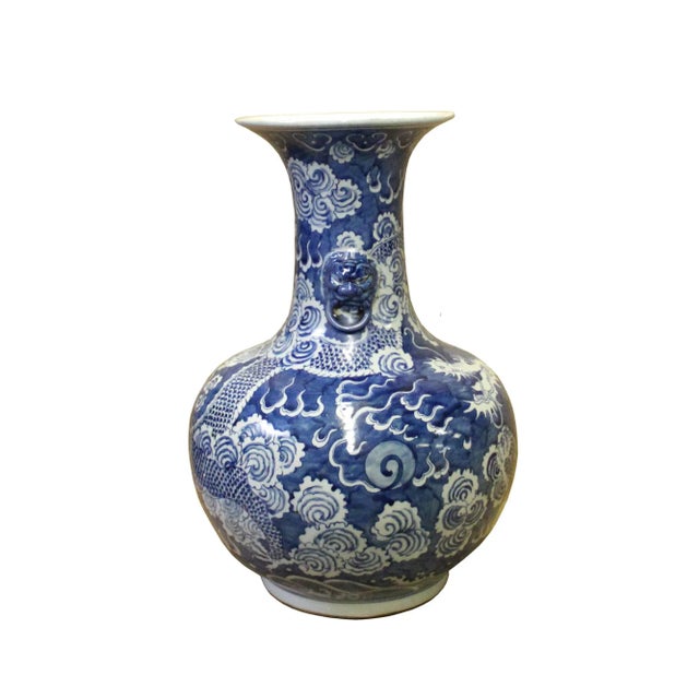 Chinese Chinese Blue White Porcelain Oriental Dragons Scenery Graphic Vase For Sale - Image 3 of 7