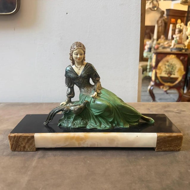 Cipriani A 1930s Art Deco Spelter and Marble French Statue of a Woman and a Pheasant For Sale - Image 4 of 15
