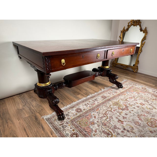 New York Classical Revival Carved Mahogany Double-Pedestal Library Table, Labeled Ernest F. Hagen, Circa 1890–1925 For Sale In Boston - Image 6 of 13