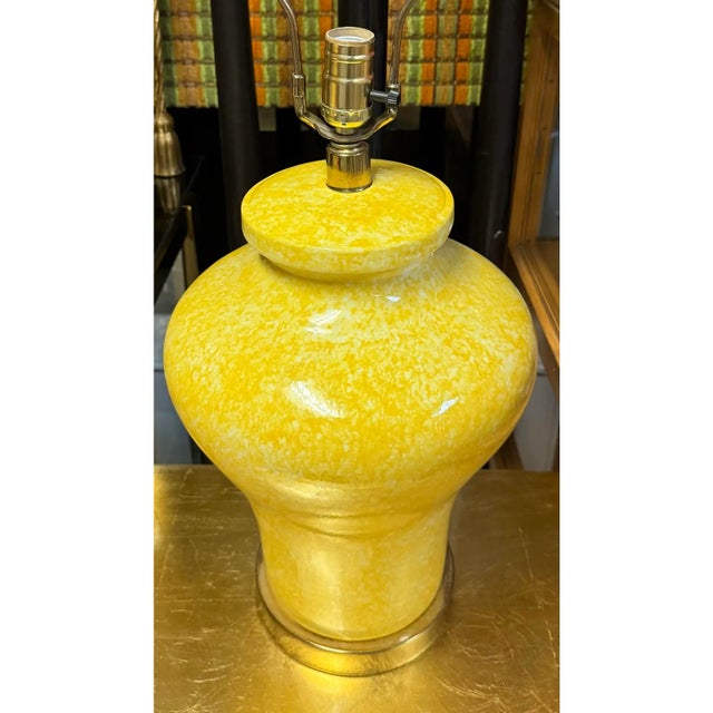 Paul Hanson vintage yellow ceramic ginger jar style table lamp featuring a bright, speckled sunny yellow glaze.