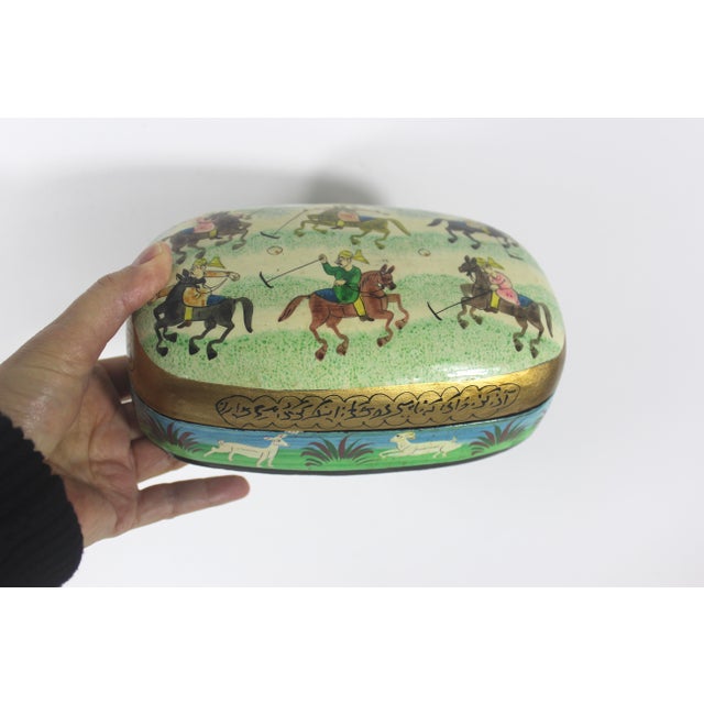 Vintage Hand Painted Kashmir Trinket Box With Horses Polo Gold Handmade in India, Papier Maché, Paper Mache For Sale - Image 9 of 10
