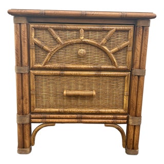1970s Henry Link Faux Bamboo and Woven Rattan Sunburst 2 Drawer Nightstand For Sale