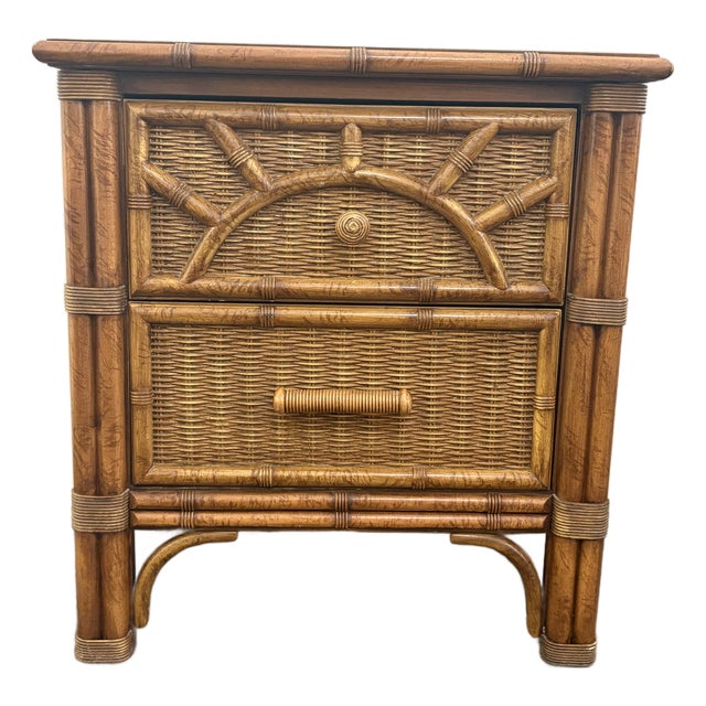 1970s Henry Link Faux Bamboo and Woven Rattan Sunburst 2 Drawer Nightstand For Sale