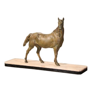 19th Century French Patinated Bronze Horse Sculpture on Marble Base After Mène For Sale