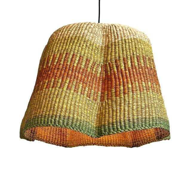 African Lime & Orange Bolga Wave Basket Pendant Light For Sale - Image 3 of 5
