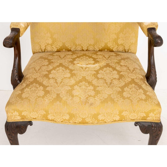 Mid 18th Century Pair of Late George II Mahogany Golden Silk Brocade Upholstered Armchairs For Sale - Image 5 of 8