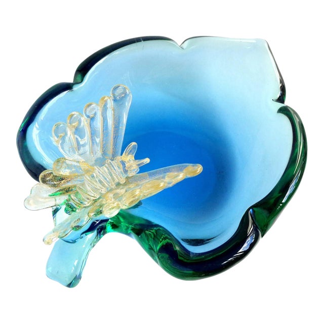 Murano Sommerso Blue Gold Flecks Butterfly Italian Art Glass Vintage Decorative Leaf Shape Bowl For Sale