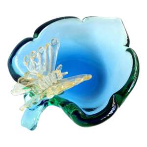 Murano Sommerso Blue Gold Flecks Butterfly Italian Art Glass Vintage Decorative Leaf Shape Bowl