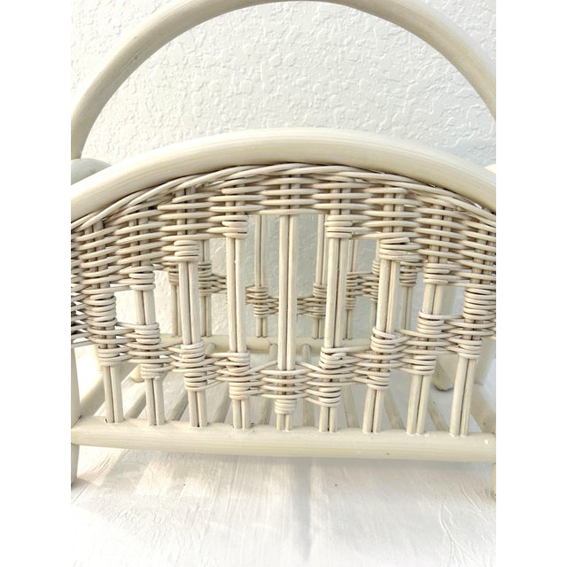 Shabby Chic Mid-Century White Bamboo & Rattan Magazine Rack For Sale - Image 3 of 5