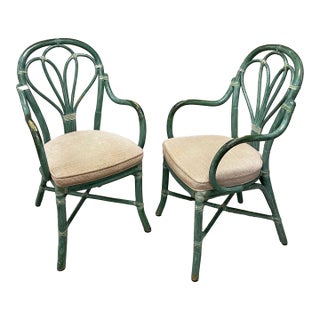 Pair of Vintage McGuire Fan Motif Back Rattan Armchairs For Sale