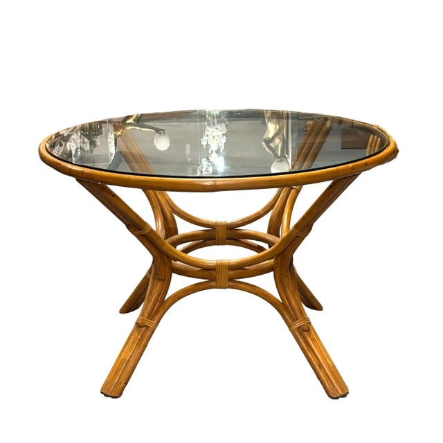 1950s Restored 3-Strand Rattan Round Dining Table With Glass Top For Sale - Image 9 of 10