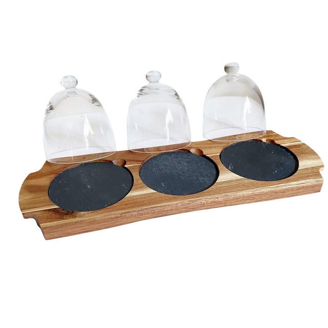 1990s Charcuterie Board With 3 Glass Domes on Wood Base For Sale - Image 4 of 5