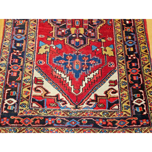 Vintage Persian Heriz Wide Runner, Hand-Knotted Wool, Geometric Design, Red & Navy, 4x12 For Sale - Image 18 of 18