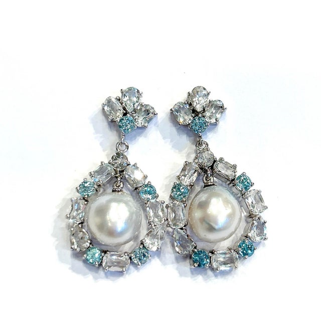 Bochic Orient" Blue & White Topaz White Pearls Earrings Set 18K Gold & Silver Natural White Topaz - 6.50 carat Natural...