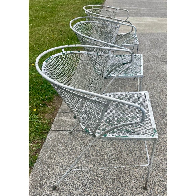 White Set of 3 Wrought Iron Garden Patio Chairs Mesh Seats Backs Att Russell Woodard For Sale - Image 8 of 12