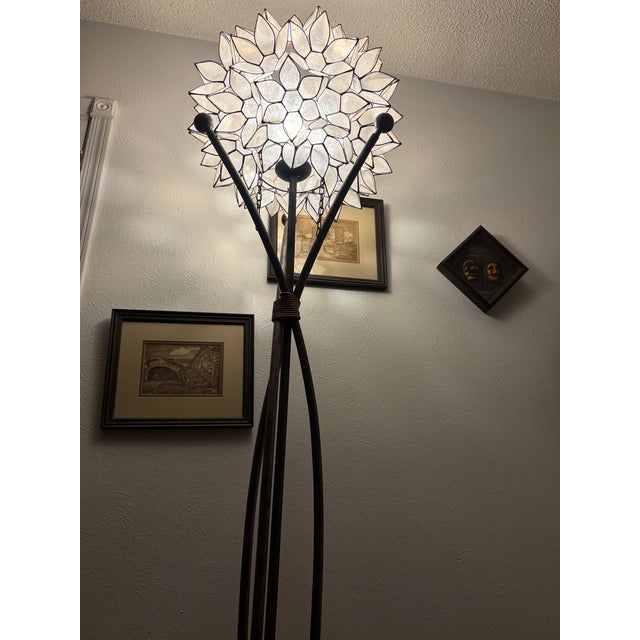 Vintage Brutalist Capiz Shell "Lotus" Floor Lamp With Hand-Wrapped Copper Binding For Sale - Image 10 of 12