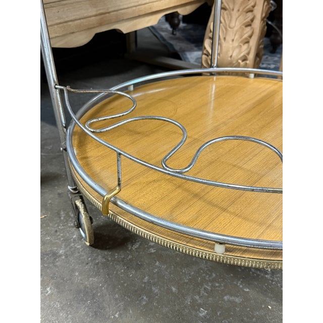 Mid 20th Century Vintage French Mid-Century Chrome & Wood Two-Tier Bar Cart With Removable Tray For Sale - Image 5 of 10
