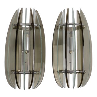 Italian Veca Smoked and Clear Glass Sconces from Veca, 1970s, Set of 2 For Sale