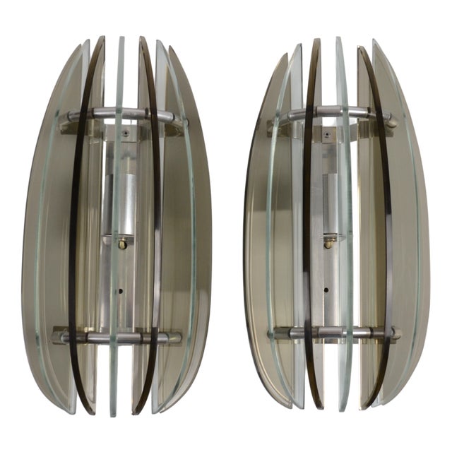 Italian Veca Smoked and Clear Glass Sconces from Veca, 1970s, Set of 2 For Sale